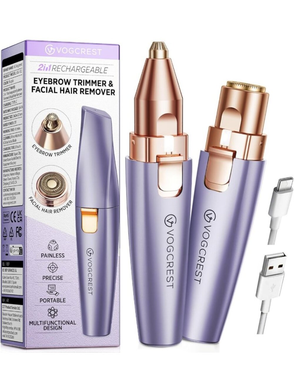 2-in-1 Rechargeable Eyebrow & Facial Hair Trimmer with LED Light - Painless